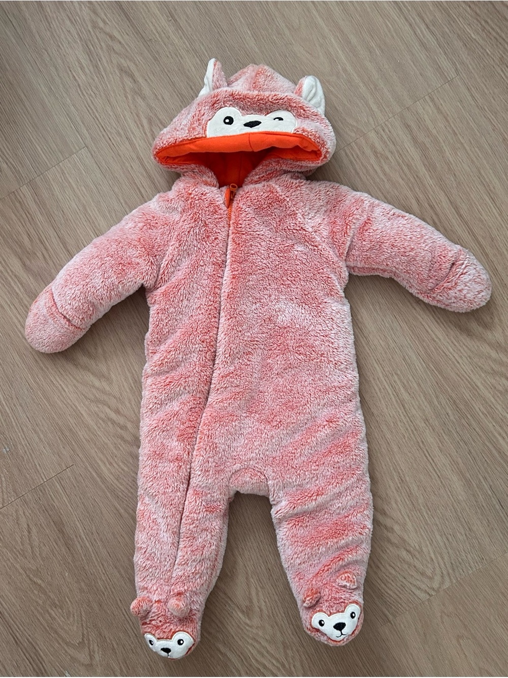 Coral Pink Plush Hooded Baby One-Piece Footie